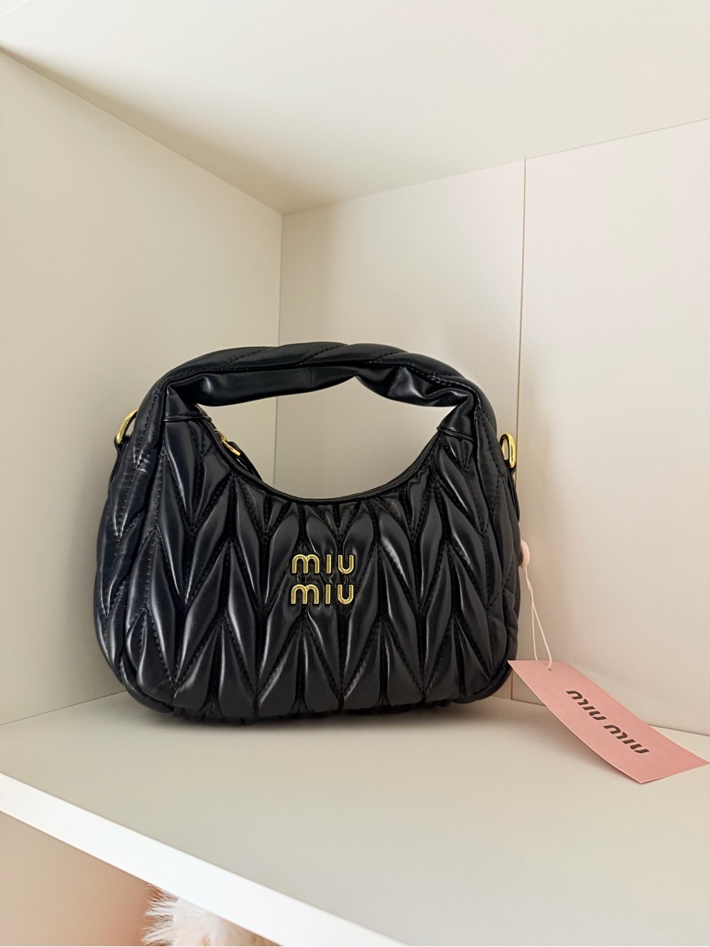 Miu Miu Black Quilted Matelassé Mini Shoulder Bag with Gold Hardware
